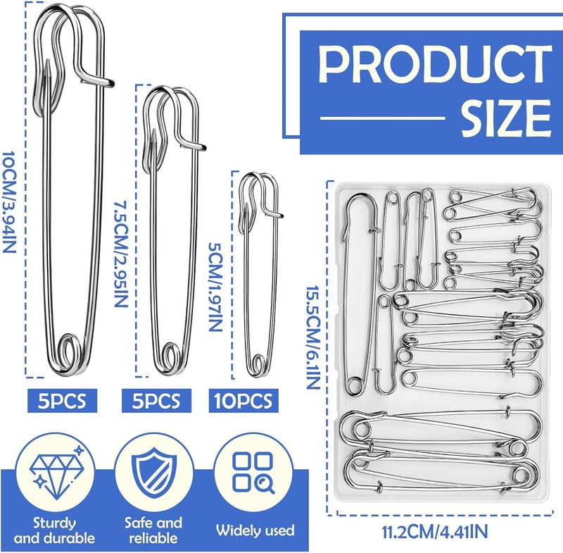 Ftyiwu Large Safety Pins, 20 Pack Heavy Duty Safety Pins 3 Size 2" 3" 4", Stainless Steel Safety Pin for Clothes, Blankets, Laundry, Leather Canvas, DIY Crafts (Silver) - Image 2